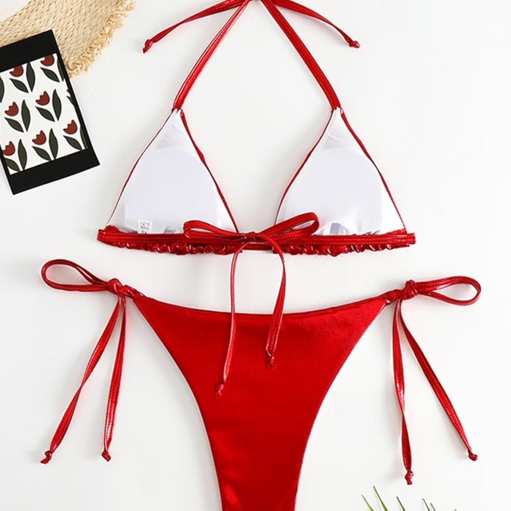 Women's Metallic Shiny Bathing Suit Triangle Tie Side Swimsuit Bikini Set